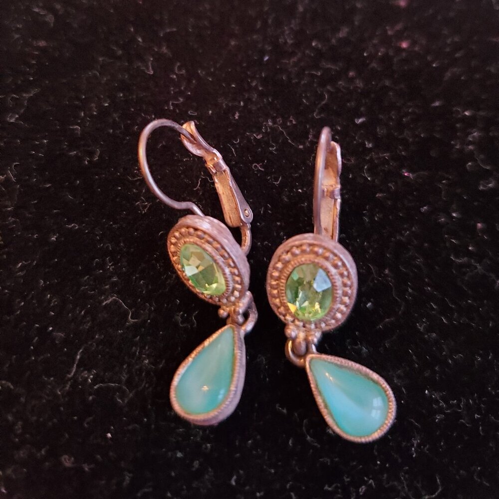 Silver Tone Metal Earrings-Oval Cut Green Crystal & Teardrop Blue Stone-Vintage